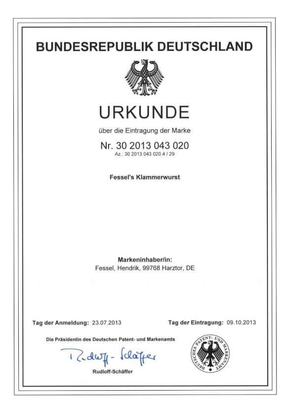 Patenturkunde für Fessel's Klammerwurst