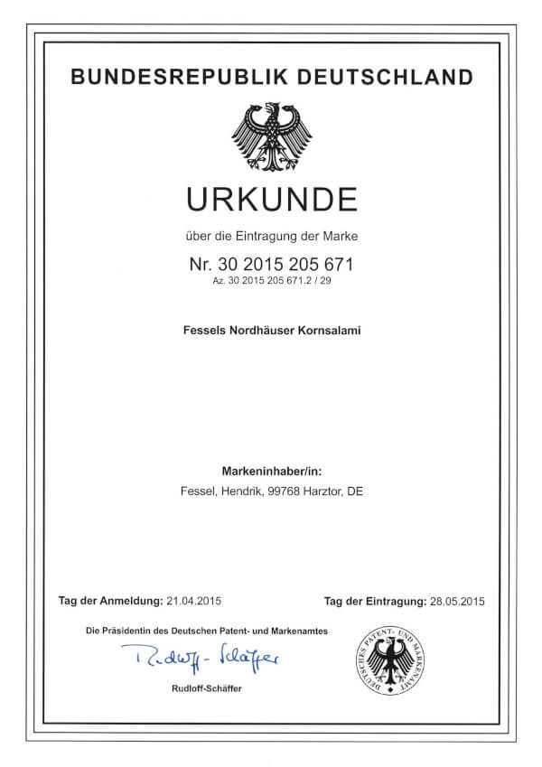 Patenturkunde für Fessels Nordhäuser Kornsalami.