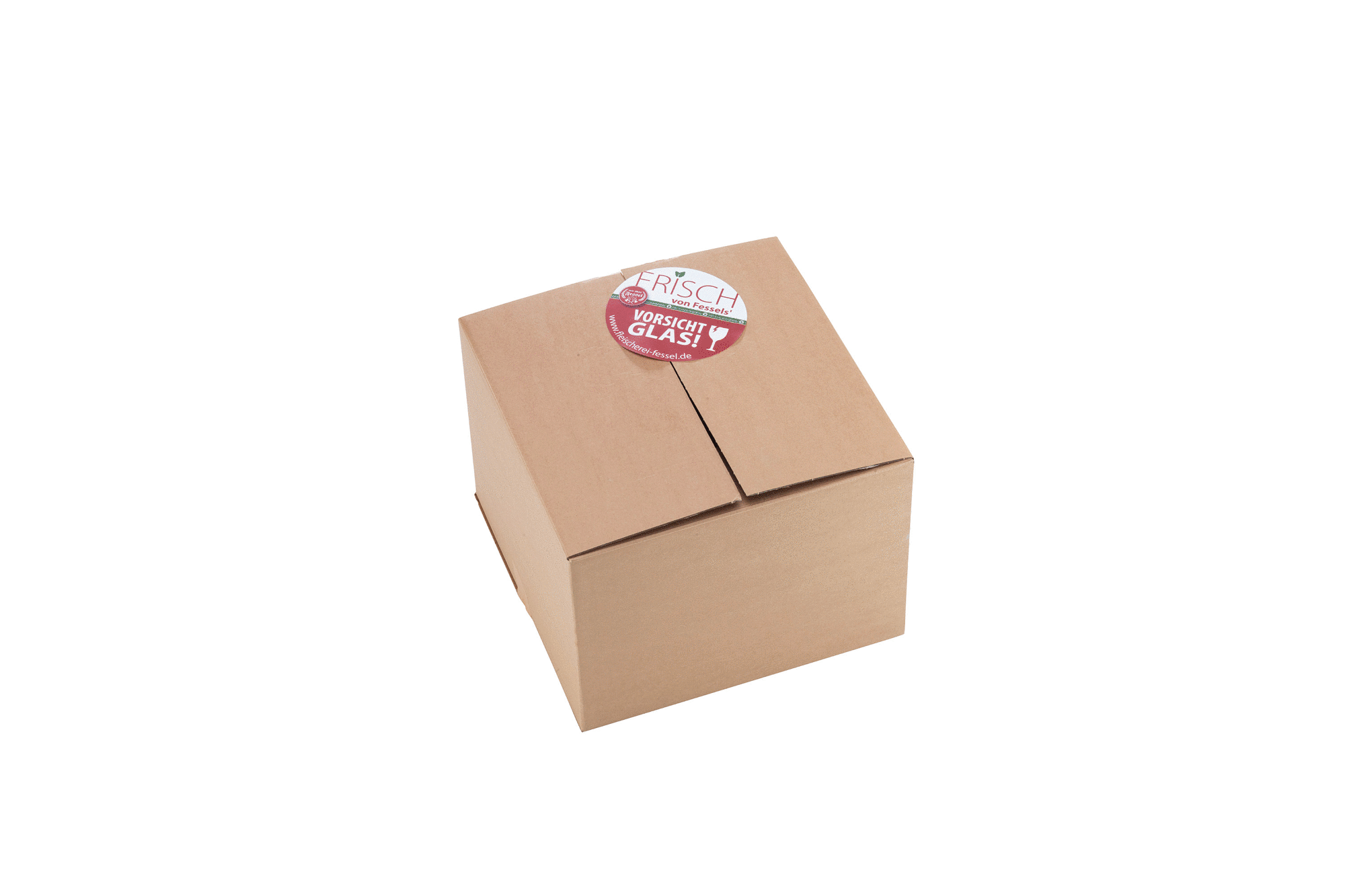 Das Gif zeigt die neuen recycelten Karton in ihrem Aufbau. Der Karton ist erst flach und am Ende wie ein richtiges Paket. Oben drauf ein Ettiket der Fleischerei Fessel.