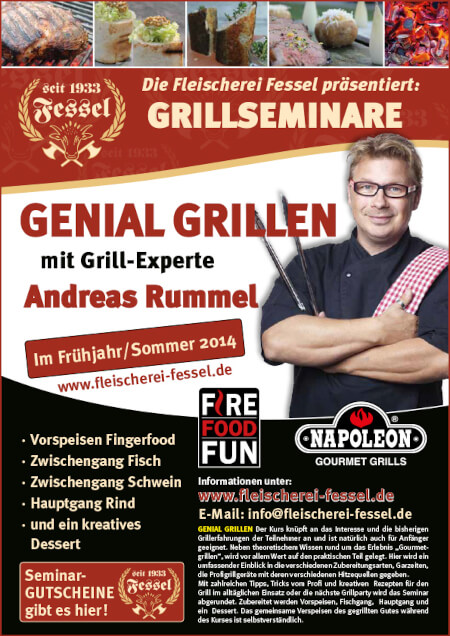 Plakat für Grillseminare mit Andreas Rummel. Viel Text auf einem rot-schwarzem Plakat. Rechts Andreas Rummel.
