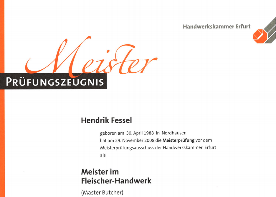 Meisterzeugnis von Hendrik Fessel
