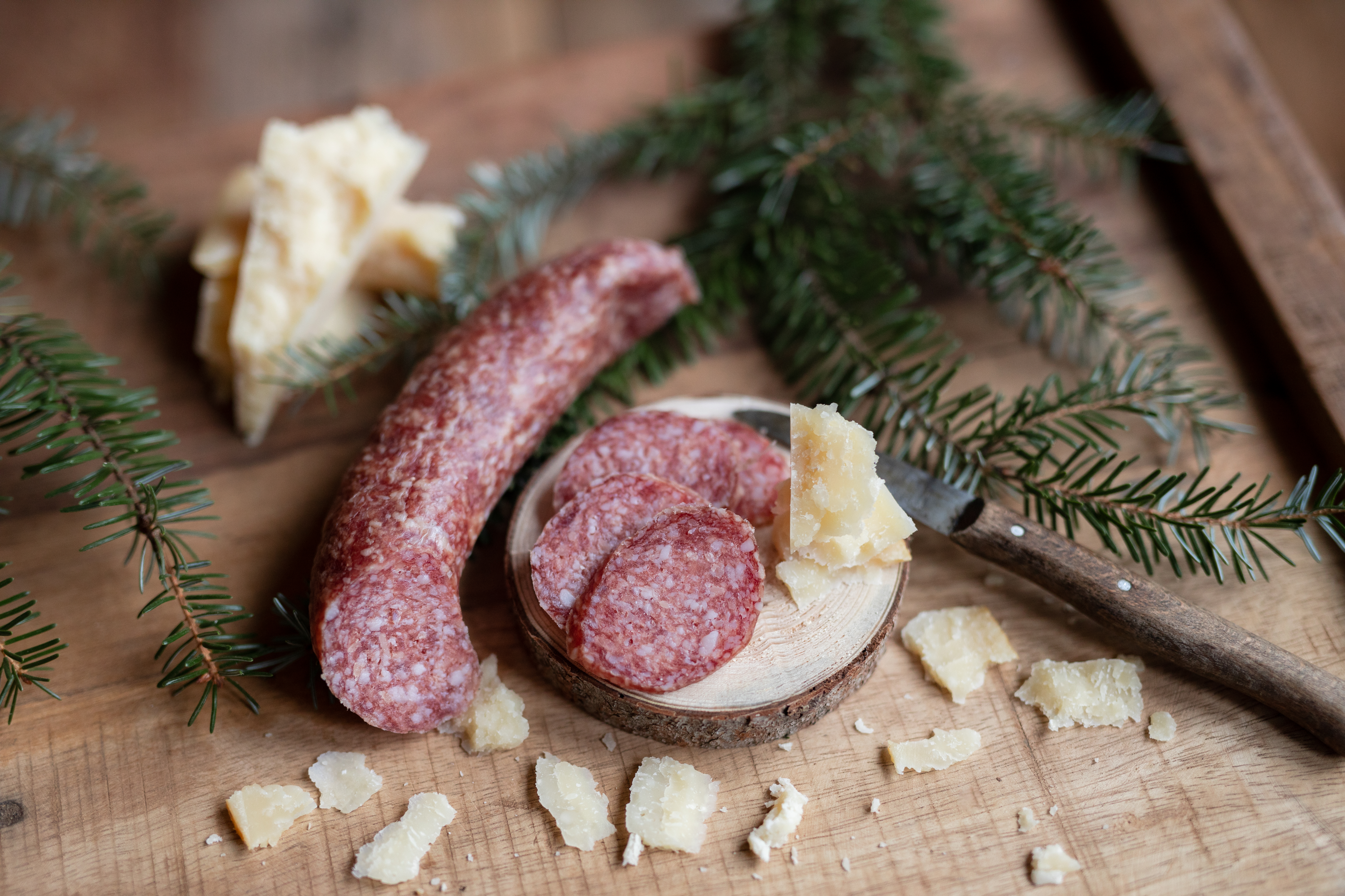 Scheiben Parmesami auf einem runden Brett. Daneben Kräuter, gehobelter Parmesan und die Salami.